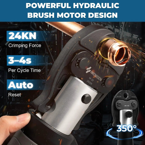 Close-up of Top Shelf Heavy Duty Electric Hydraulic Pro Press Copper Crimper with 24kn force and brush motor design.