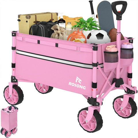 Collapsible Folding Wagon Cart With 360 Degree Wheels And Extendable Handle, Heavy Duty Workhorse Utility Wagon For Grocery, Camping, Garden, Sports Gear, 120L Pink loaded with equipment