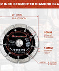 Four Point Five Inch Segmented Diamond Saw Blades Two Pack Angle Grinder Discs showing diameter, segment thickness for concrete cutting.