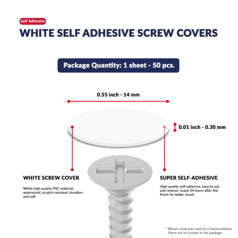 White Self Adhesive Screw Hole Sticker Caps 50 Pcs 14 mm Dust Proof Water Resistant PVC Covers For Wood Cabinets Furniture