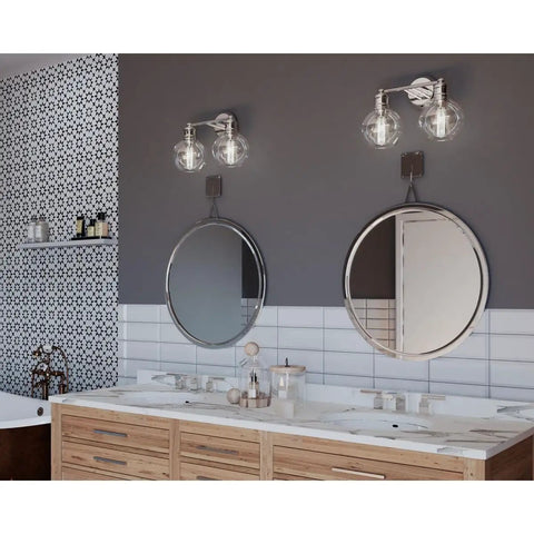 Coastal Vibe 2 Light Bath Vanity Light With Clear Glass Globes In Polished Nickel Finish Urban Industrial Style For Bathroom Remodels