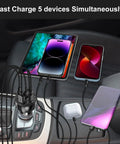 Keep Your Road Trip Vibe Tight With This Solid 5 Port Usb C Car Charger Delivering PD 75W Fast Charge To Power Up Every Gadget While Cruising Down The Interstate, charging five devices in a vehicle.