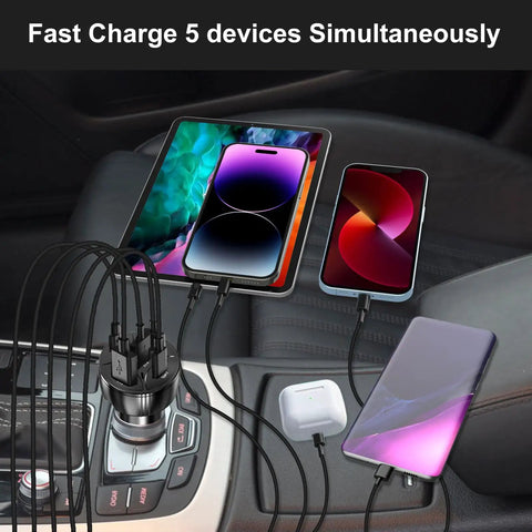 Keep Your Road Trip Vibe Tight With This Solid 5 Port Usb C Car Charger Delivering PD 75W Fast Charge To Power Up Every Gadget While Cruising Down The Interstate, charging five devices in a vehicle.