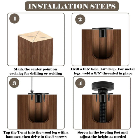 Installation steps for Heavy Duty Adjustable Leveling Feet Four Pack With One Inch Height Adjustment And Three Eights By Sixteen Thread Solid Steel Furniture Glides.