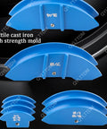 Kickass Cordless Hydraulic Tube Bender With Slick Die Set Fits One Quarter To Seven Eighths Inch Copper Piping shown with blue die molds.