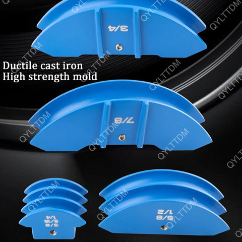 Kickass Cordless Hydraulic Tube Bender With Slick Die Set Fits One Quarter To Seven Eighths Inch Copper Piping shown with blue die molds.