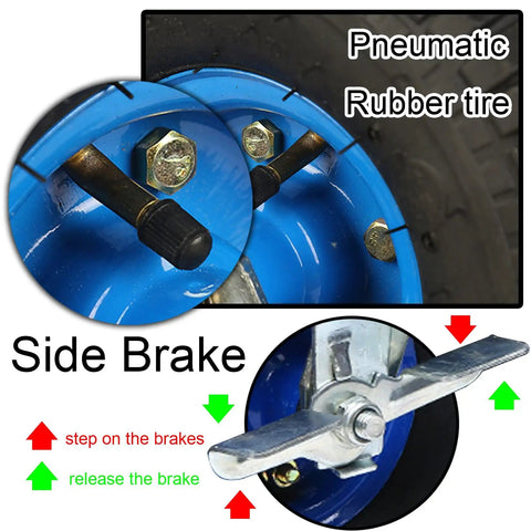 Close-up of Smooth Rollin Industrial Pneumatic Caster Wheels With Locking Swivel Brakes and High Elastic Rubber Tires.