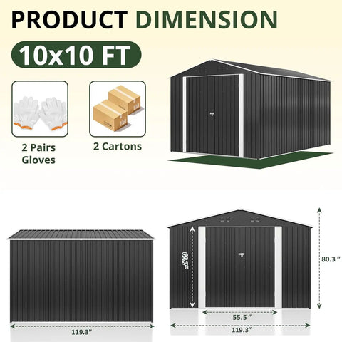 Dimensions of 10x10 Foot Storage Shed For Backyard And Garden, Metal Tool Shed With Lockable Doors And Upgraded Frame, Grey