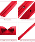 Close-up of Two Pack 48 Inch Aluminum T Tracks For Woodworking Red Universal T Track Rails With Pre Drilled Holes And Double Cut Grooves