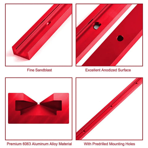 Close-up of Two Pack 48 Inch Aluminum T Tracks For Woodworking Red Universal T Track Rails With Pre Drilled Holes And Double Cut Grooves