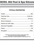 Product data sheet for 2-Pack Clear Pro Grade Silicone Sealant with tensile strength, cure time, and hardness details