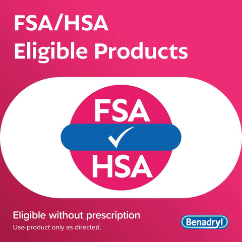 FSA and HSA eligible sign with Benadryl logo on pink background