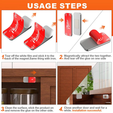 Installation steps for Ultra Thin Cabinet Door Magnets 4 Pack No Drill Stainless Steel Magnetic Latches Stick On Strong Adhesive For Kitchen Cabinets Bathrooms Closets And RV Drawers Seamless Hidden Closures