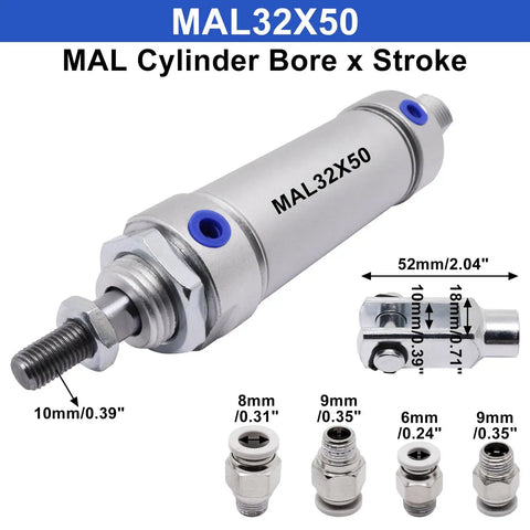 Compact Pneumatic Cylinder Kit With 32mm Bore And 50mm Stroke Double Acting Air Cylinder Including Y Connector And Two Quick Fittings