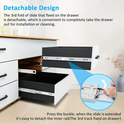 Detachable design of stainless steel drawer slides with ball bearing, full extension side mount cabinet runners shown in a drawer.