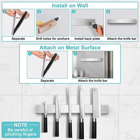 Installation guide for Heavy Duty Magnetic Knife Strip Wall Mount Holder For Fridge And RV Kitchens, 12-inch stainless steel bar.
