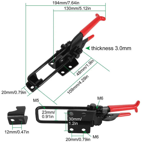 Dimensions and features of Four Pack Beefy Heavy Duty Toggle Latch Clamps Self Locking Adjustable, 700 Lbs Holding Capacity, Black High Carbon Steel.