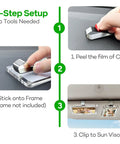 3-step setup showing Six Pack Premium Stainless Steel Clips With 3M Adhesive for DIY Car Sun Visor Mounts installation instructions