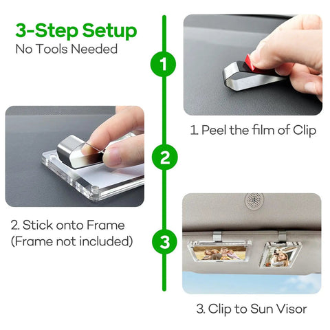 3-step setup showing Six Pack Premium Stainless Steel Clips With 3M Adhesive for DIY Car Sun Visor Mounts installation instructions