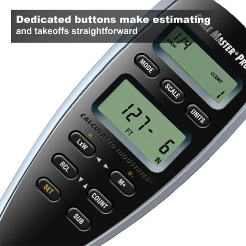 Close-up of Scale Master Pro Digital Plan Measure display and buttons, 7.3 Inch Digital Plan Measure With 72 Built In Scales And Six Custom Scales For Pros