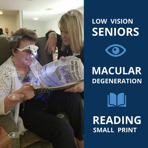 Elderly woman using Hands Free LED Magnifier Glasses With Five Lenses And Headband For Hobby Crafts And Close Detail Tasks reading newspaper.