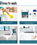Application steps for 2K Epoxy Bath Tub Paint And Sink Refinishing Kit, showing cleaning, mixing, pouring, and smoothing process.