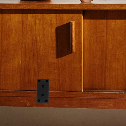 Two Pack Stainless Steel Straight Furniture Braces Black Flat Brackets on wooden cabinet for rock solid right angles.