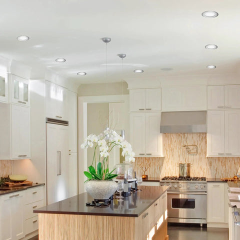 Ultra Slim LED Recessed Lighting Kit 4-Pack With 9W Integrated LEDs in modern kitchen ceiling, brushed nickel finish