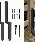 Heavy Duty 2 Pack Fence Post Repair Kit With One Piece Steel Anchors showing two steel stakes and screws for wood rail support.