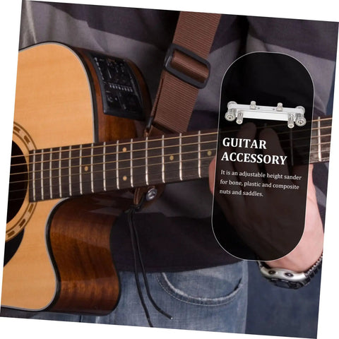 Guitarist with Pro Grade Guitar Nut And Saddle Sander Tool For Luthiers Easy Setup For Precise Nut Slot And Bridge Repair in hand