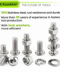 304 stainless steel bolt nut set with lock washers for durability and efficiency in DIY projects, furniture, and auto repairs.