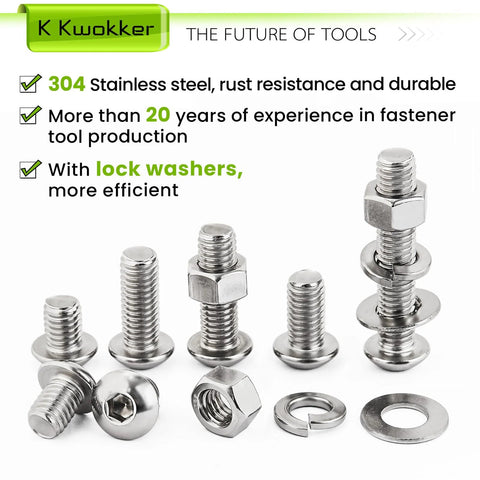 304 stainless steel bolt nut set with lock washers for durability and efficiency in DIY projects, furniture, and auto repairs.