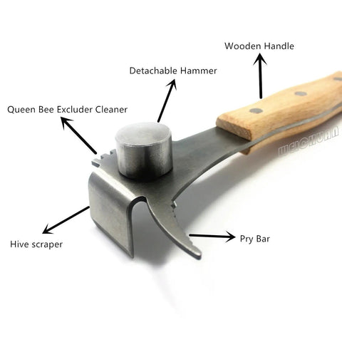 Close-up of Multifunction Hive Scraper Tool with wooden handle, detachable hammer, and stainless steel construction.