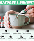 Instant Bonding Adhesive Gel And Liquid For Multi Surface Repairs shown repairing cracked ceramic mug