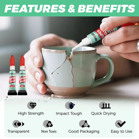 Instant Bonding Adhesive Gel And Liquid For Multi Surface Repairs shown repairing cracked ceramic mug
