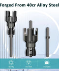 Get That Pipe Threaded Right Upgraded 2-Piece Set Cutter Kit For One Pass Internal And External Threads Compatible With Electric Drill Durable 40Cr Steel Build For PVC Plastic Plumbing Jobs Quick Easy Install, showcasing durable 40Cr steel cutter heads.