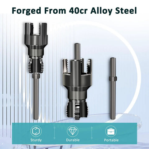 Get That Pipe Threaded Right Upgraded 2-Piece Set Cutter Kit For One Pass Internal And External Threads Compatible With Electric Drill Durable 40Cr Steel Build For PVC Plastic Plumbing Jobs Quick Easy Install, showcasing durable 40Cr steel cutter heads.
