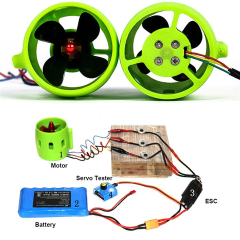 Underwater RC Thruster Motor 12V To 24V 20A Four Blade CW CCW Propeller assembly with wiring, battery, and ESC setup.