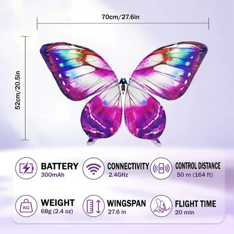 Flying RC Butterfly Drone With LED Light And Realistic Bionic Wing Flap Motion, dimensions and features shown.