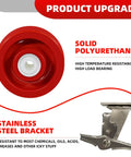 Four Inch Stainless Steel Casters With Solid Polyurethane Wheels Heavy Duty Rust Proof Industrial Locking Brakes close-up of polyurethane wheel and stainless steel bracket
