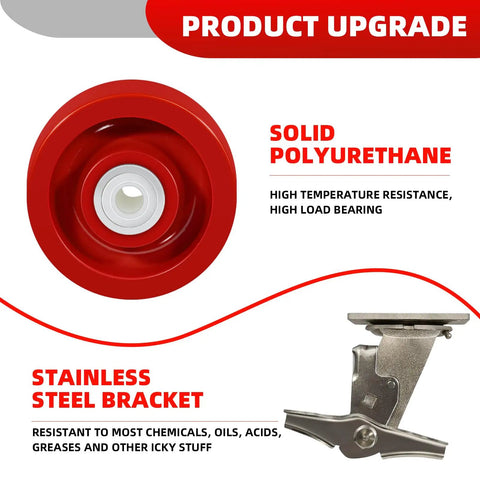 Four Inch Stainless Steel Casters With Solid Polyurethane Wheels Heavy Duty Rust Proof Industrial Locking Brakes close-up of polyurethane wheel and stainless steel bracket