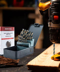 Drill Bit Set 29 Pc High Speed Steel With 135 Degree Split Point Black And Gold Oxide Finish with drill and storage case