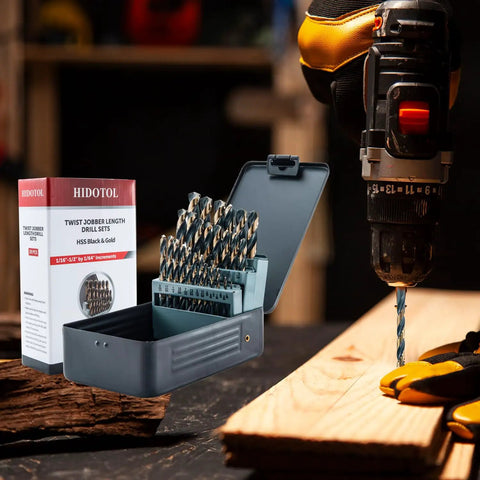 Drill Bit Set 29 Pc High Speed Steel With 135 Degree Split Point Black And Gold Oxide Finish with drill and storage case