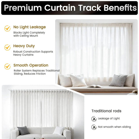 Beefy Heavy Duty Aluminum Curtain Track Kit For Ceiling Or Wall Mount White 9 To 12 Feet One Pack With Reinforced Brackets And Premium Aluminum Alloy Durable Glide Rail For Drapes Light Curtains And Room Dividers, ceiling-mounted white track for curtains