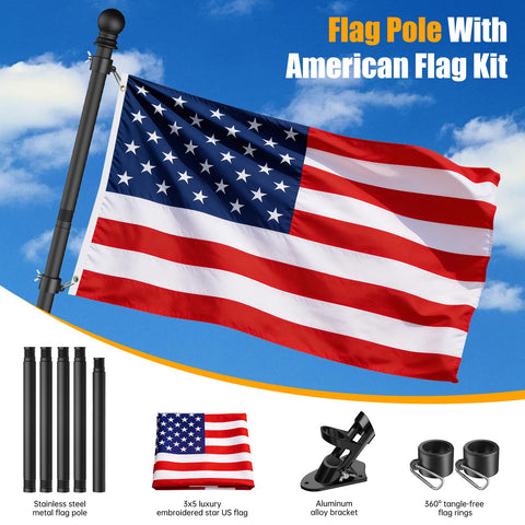 Flag Pole Kit With 3x5 USA Flag 6Ft Heavy Duty Steel Tangle Free Flagpole For Outdoor Home Display With Aluminum Bracket Easy Install