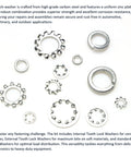 Washer assortment kit: carbon steel, zinc-plated lock washers with internal and external teeth in mixed sizes.