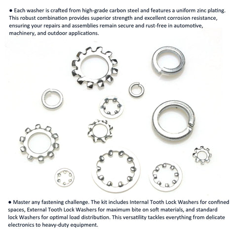 Washer assortment kit: carbon steel, zinc-plated lock washers with internal and external teeth in mixed sizes.
