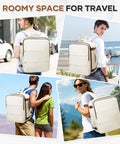 "Go-To Travel Backpack for Women and Men Carry On Luggage Flight Ready Personal Item Essentials Waterproof Laptop Backpack Large Capacity Daypack Brown Beige" worn by diverse travelers outdoors.