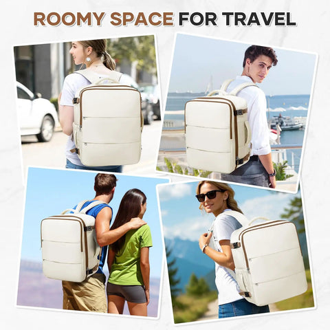 "Go-To Travel Backpack for Women and Men Carry On Luggage Flight Ready Personal Item Essentials Waterproof Laptop Backpack Large Capacity Daypack Brown Beige" worn by diverse travelers outdoors.