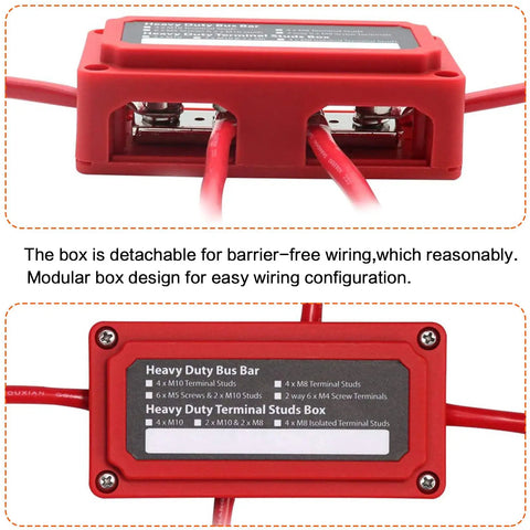 Heavy Duty 300 Amp Bus Bar Box with detachable design, four M8 terminals, and nickel plated brass conductors for efficient wiring.